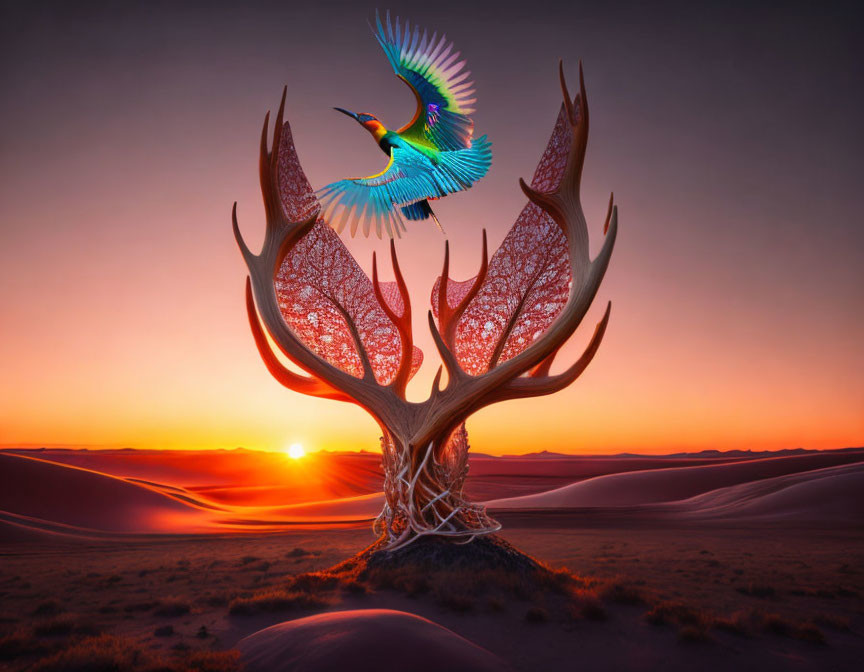 Colorful bird flying from intricate tree against sunset and sand dunes