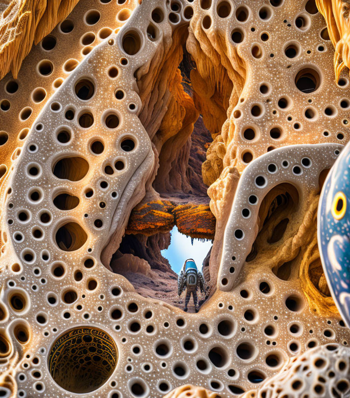 Fractal landscape with porous rocks and cephalopod-like creature