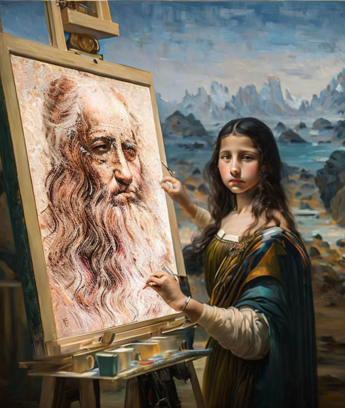 Young artist painting detailed portrait of elderly man with long beard