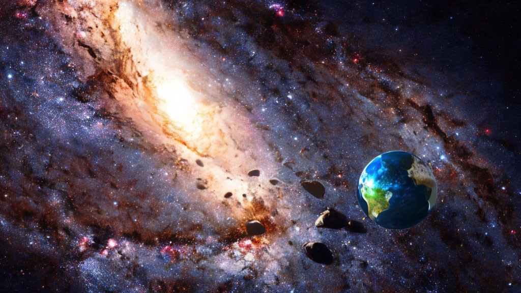 Earth with asteroids in bright galaxy of stars & dust