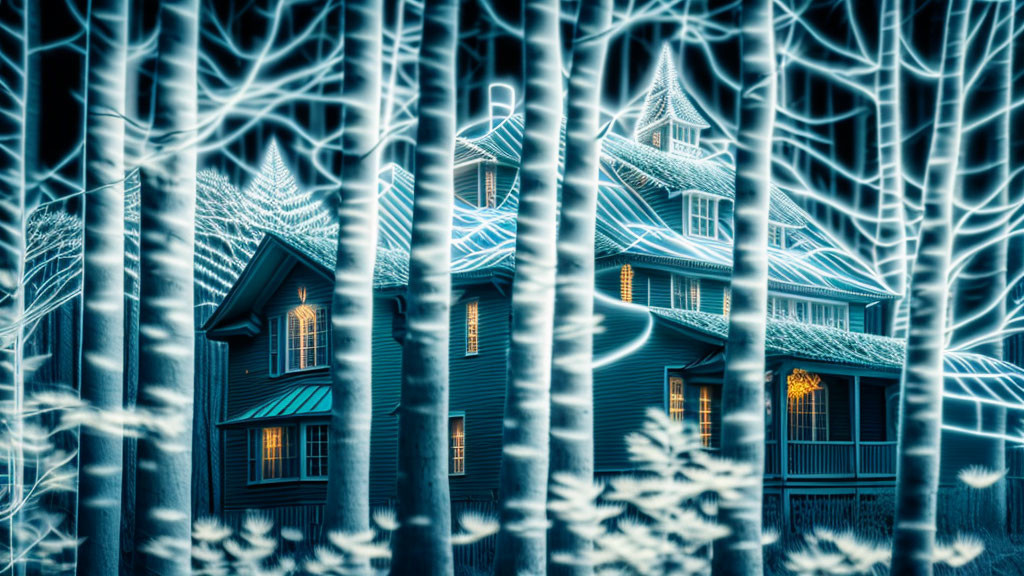 Traditional house with gables in snowy scene framed by frost-patterned vertical lines.