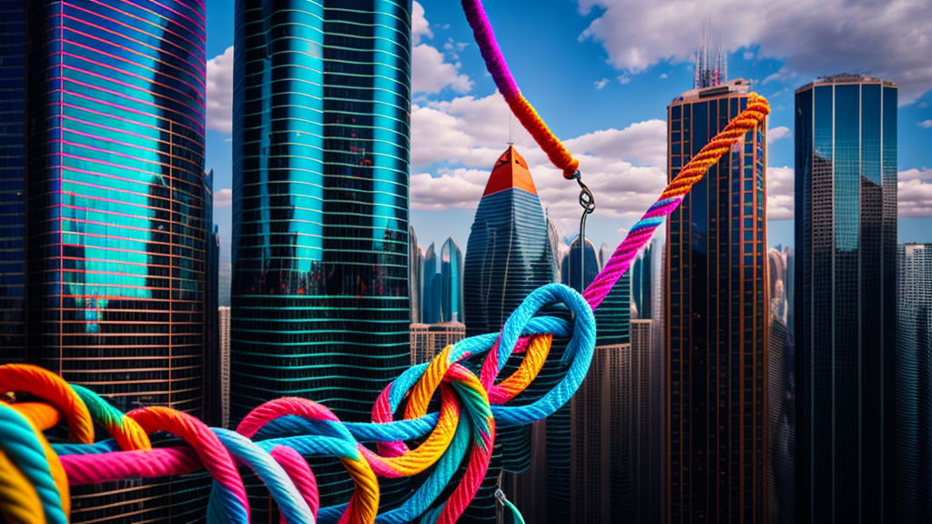 Colorful Knot Against Modern Skyscrapers and Cloudy Sky