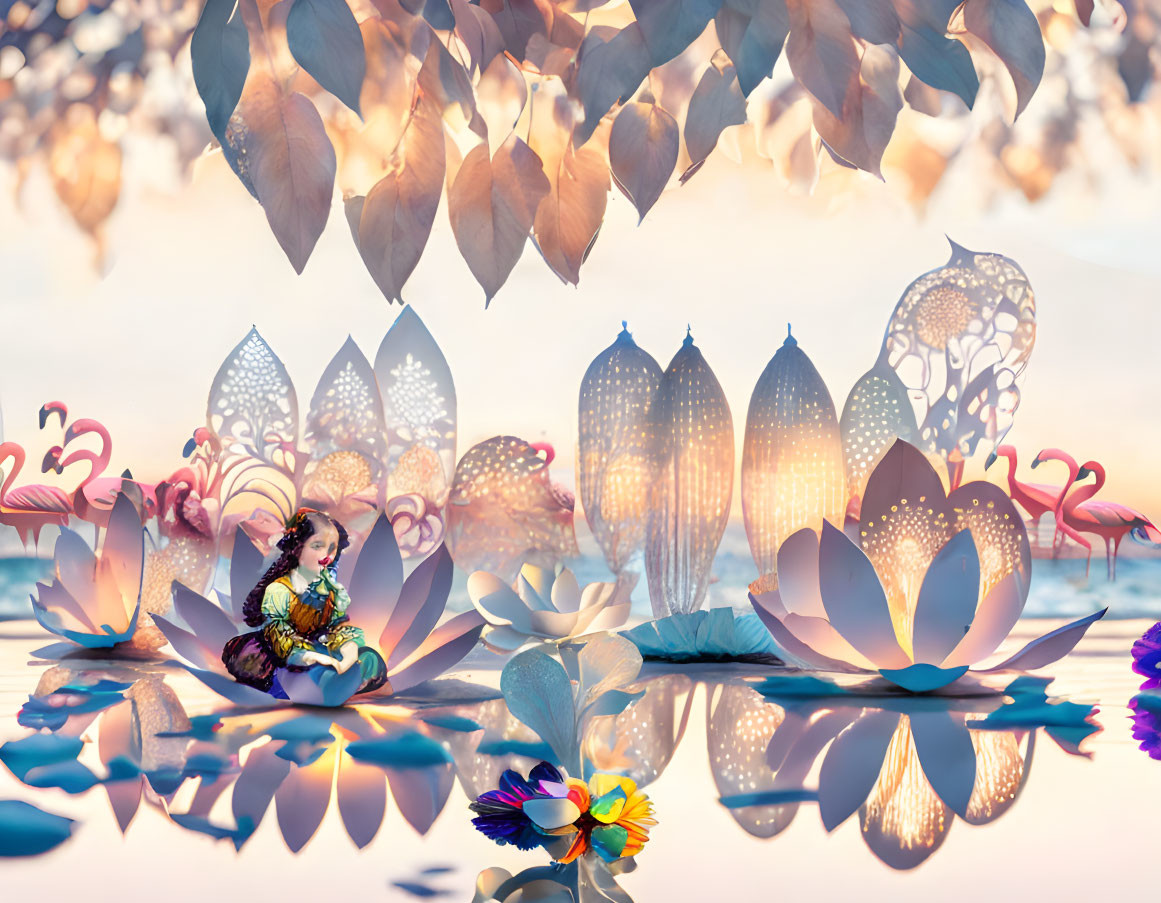 Fantasy scene: figure on lotus surrounded by water, flowers, lanterns, flamingos