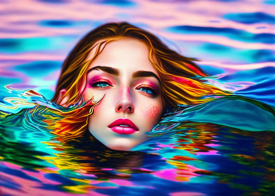 Colorful makeup woman submerged in vibrant water with flowing hair.