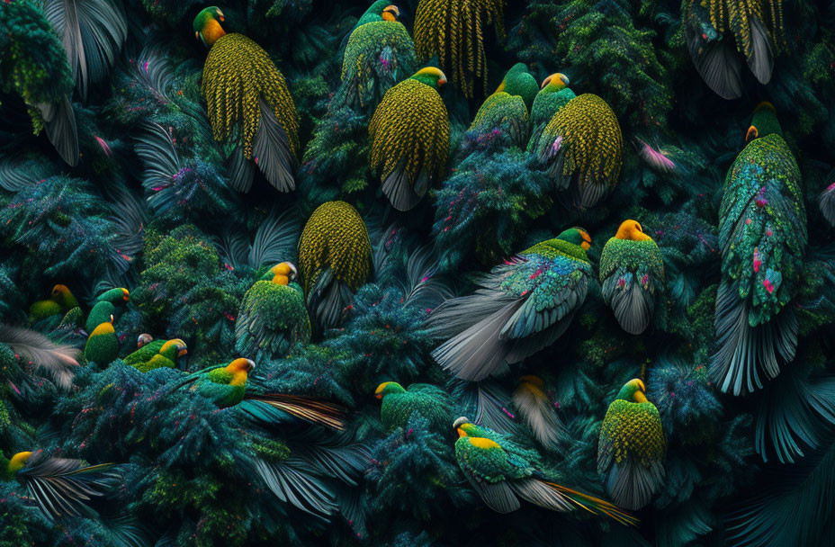 Colorful Plumed Birds Nestled Together in Dense Arrangement