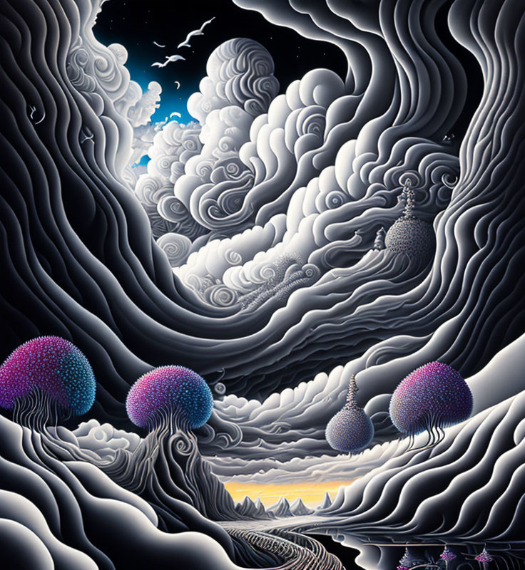 Surreal landscape with layered clouds, swirling patterns, night sky, and colorful jellyfish-like entities