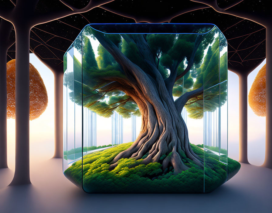 Majestic tree in transparent cube under futuristic structure at twilight