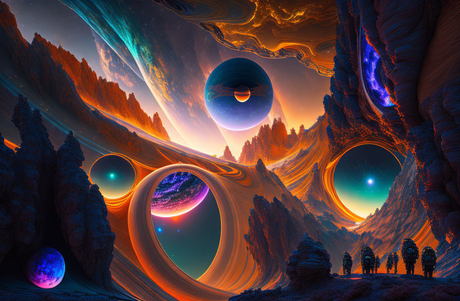 Colorful otherworldly landscape with swirling rocks and celestial bodies