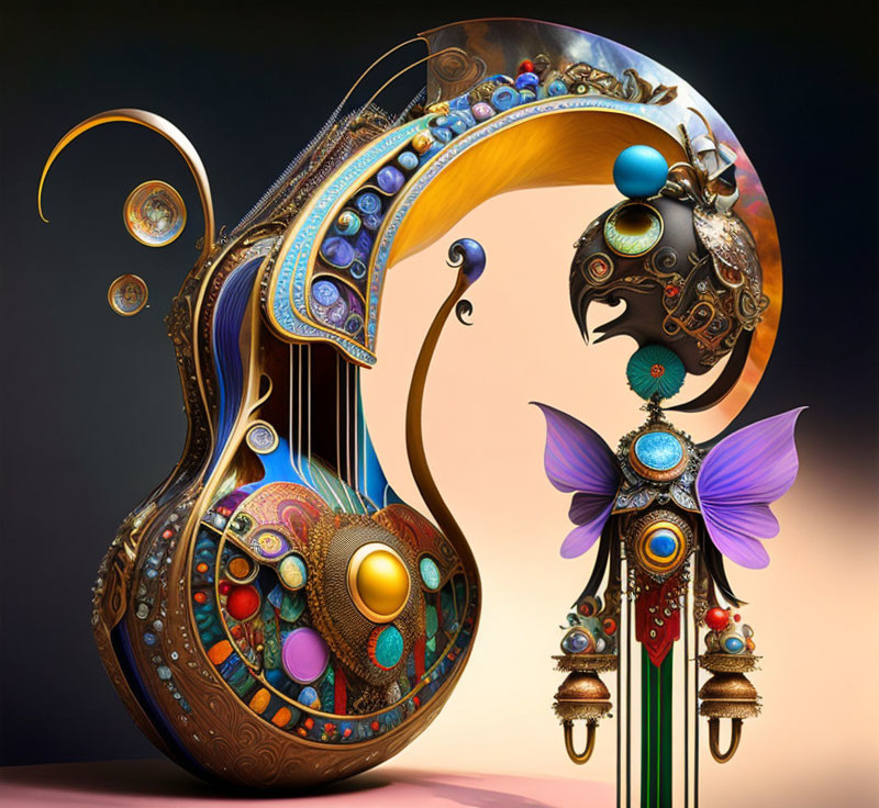 Colorful digital artwork of ornate jug and butterfly with intricate wings