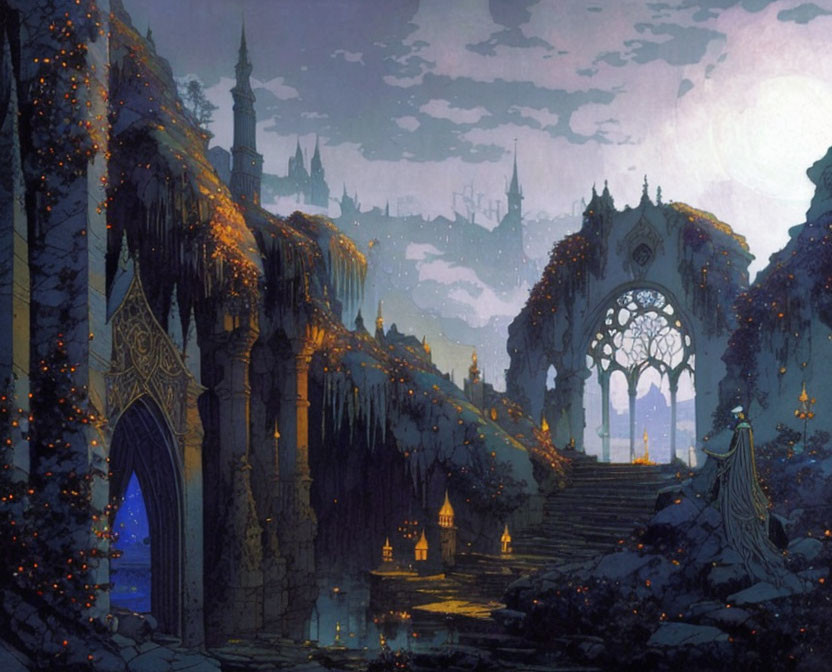 Enchanting fantasy castle with arches and vines at dusk