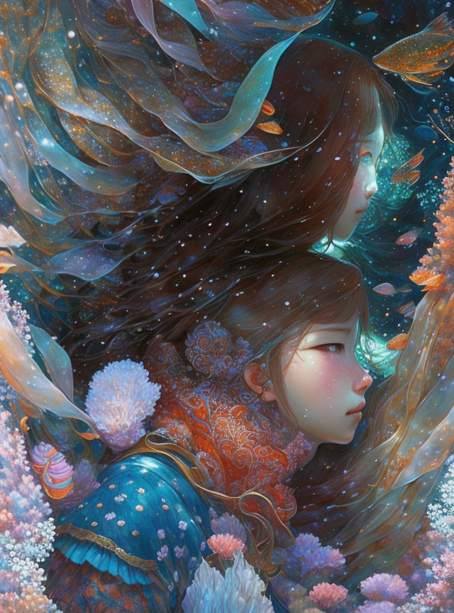 Illustration of two females with flowing hair in vibrant underwater scene.