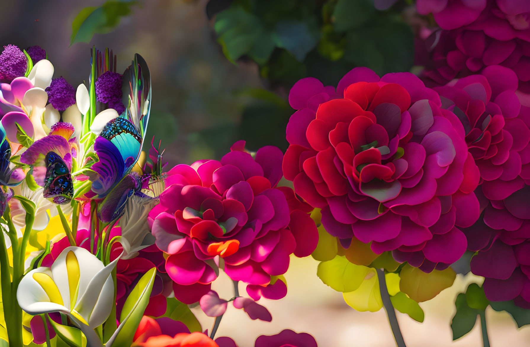 Colorful floral arrangement with butterfly and silverware on blurred backdrop.