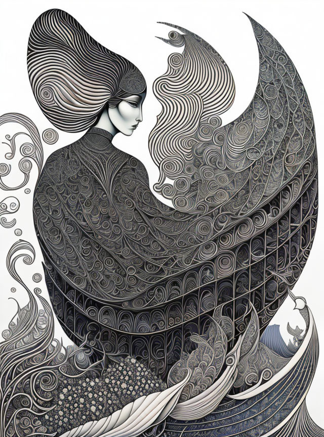 Detailed black and white illustration of stylized woman and bird creature with intricate patterns