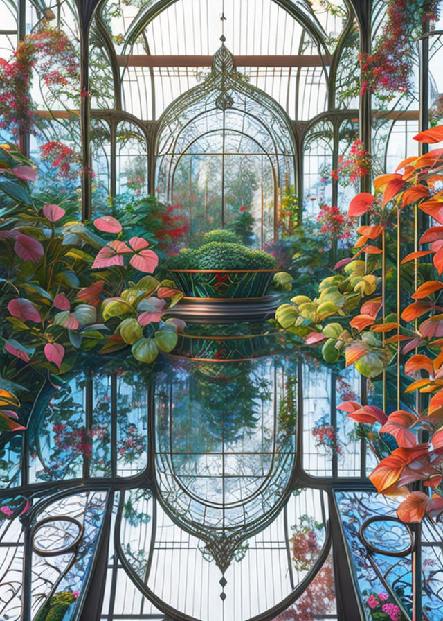 Colorful Plants in Glass Greenhouse with Reflective Floor