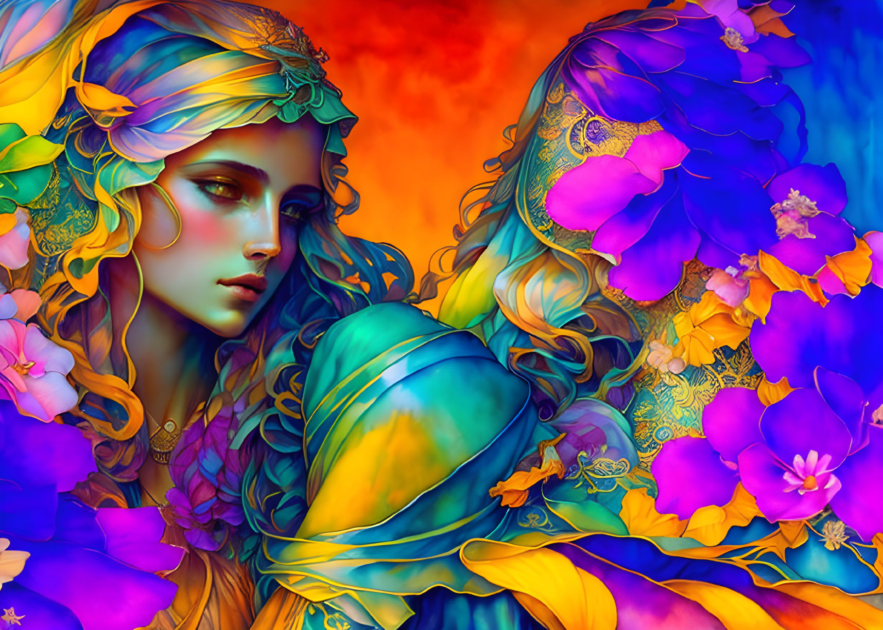 Colorful Woman with Blue Hair and Golden Leaves in Purple Flower Garden