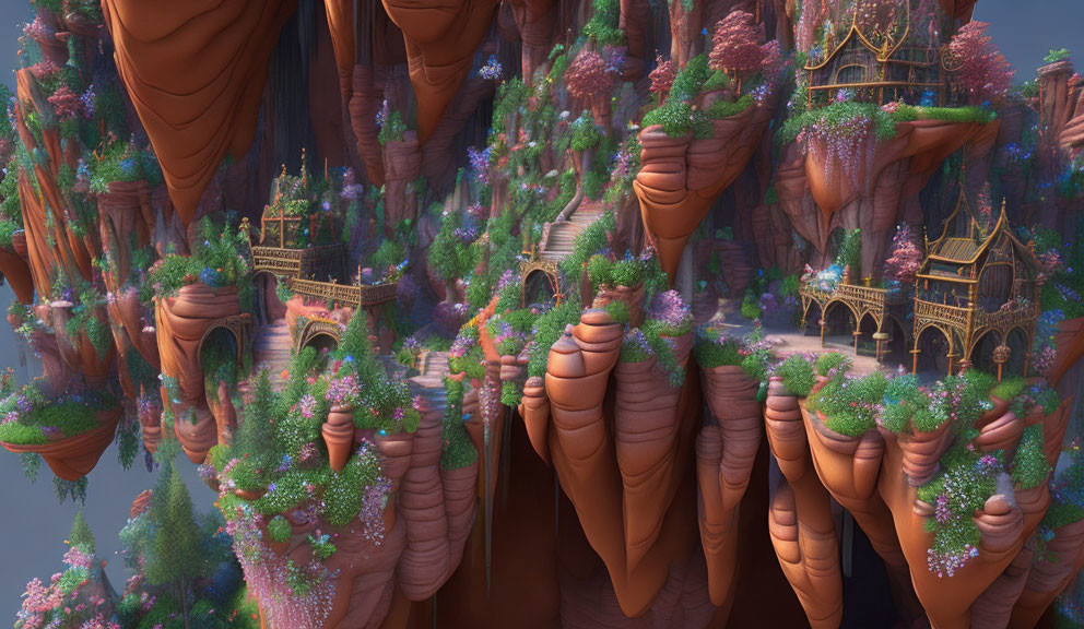 Fantastical landscape with towering rock formations and golden structures