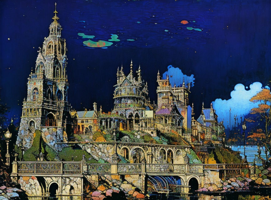 Vibrant fantasy painting of illuminated castle by river at night