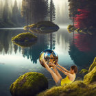 Reflective sphere held by person on mossy riverbank mirrors serene forest and water