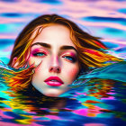 Colorful woman's face emerges from rippling water with bright makeup.