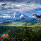 Snow-capped mountains, eagle in flight, vibrant forests, valley village, colorful sky