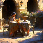 Person Dining Outdoors Among Flowers and Archways