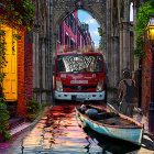 Backpacker by canal with boat and camper van in historic town