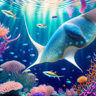 Colorful coral reefs with whale shark and tropical fish in vibrant underwater scene