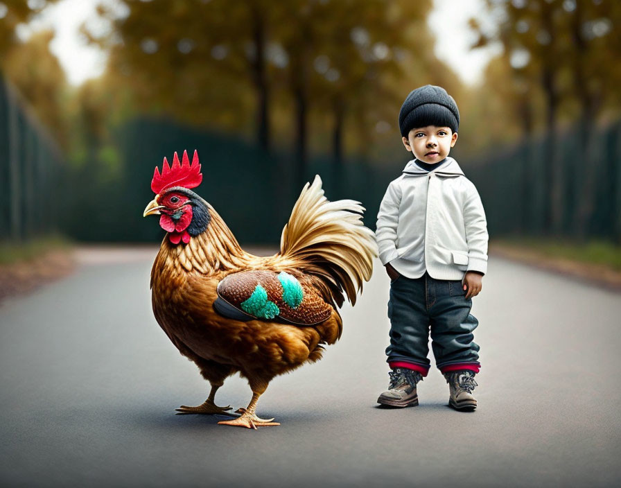 Toddler and colorful rooster on road with forest backdrop