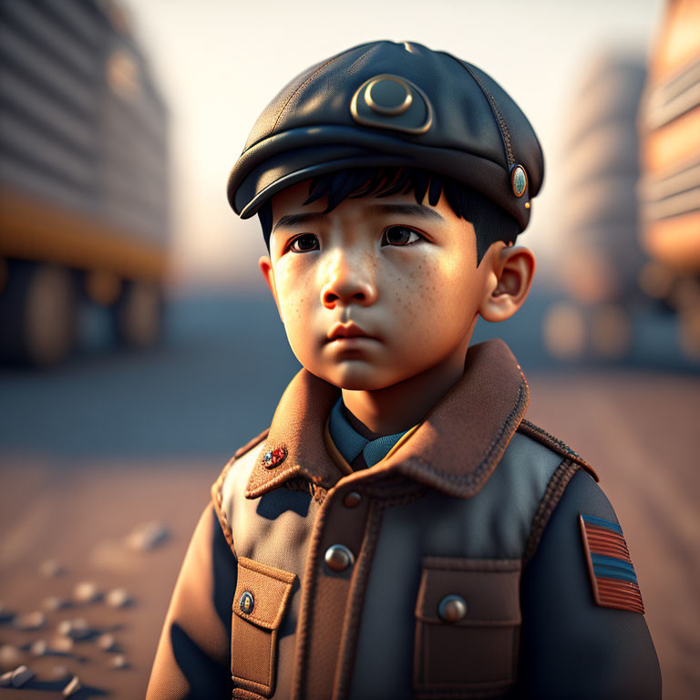 Young boy in vintage uniform gazes in industrial setting