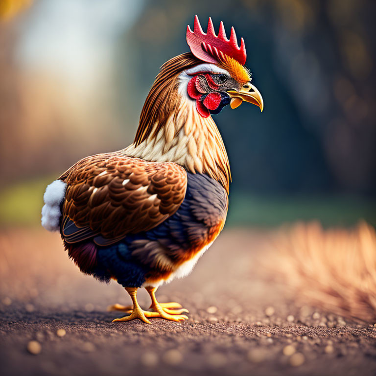 Colorful rooster with red comb and detailed plumage in outdoor setting