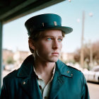 Young man in green uniform gazes with vintage car and structure in background