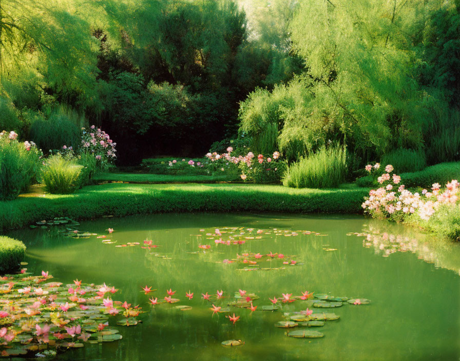 Tranquil Pond with Pink Water Lilies and Lush Greenery