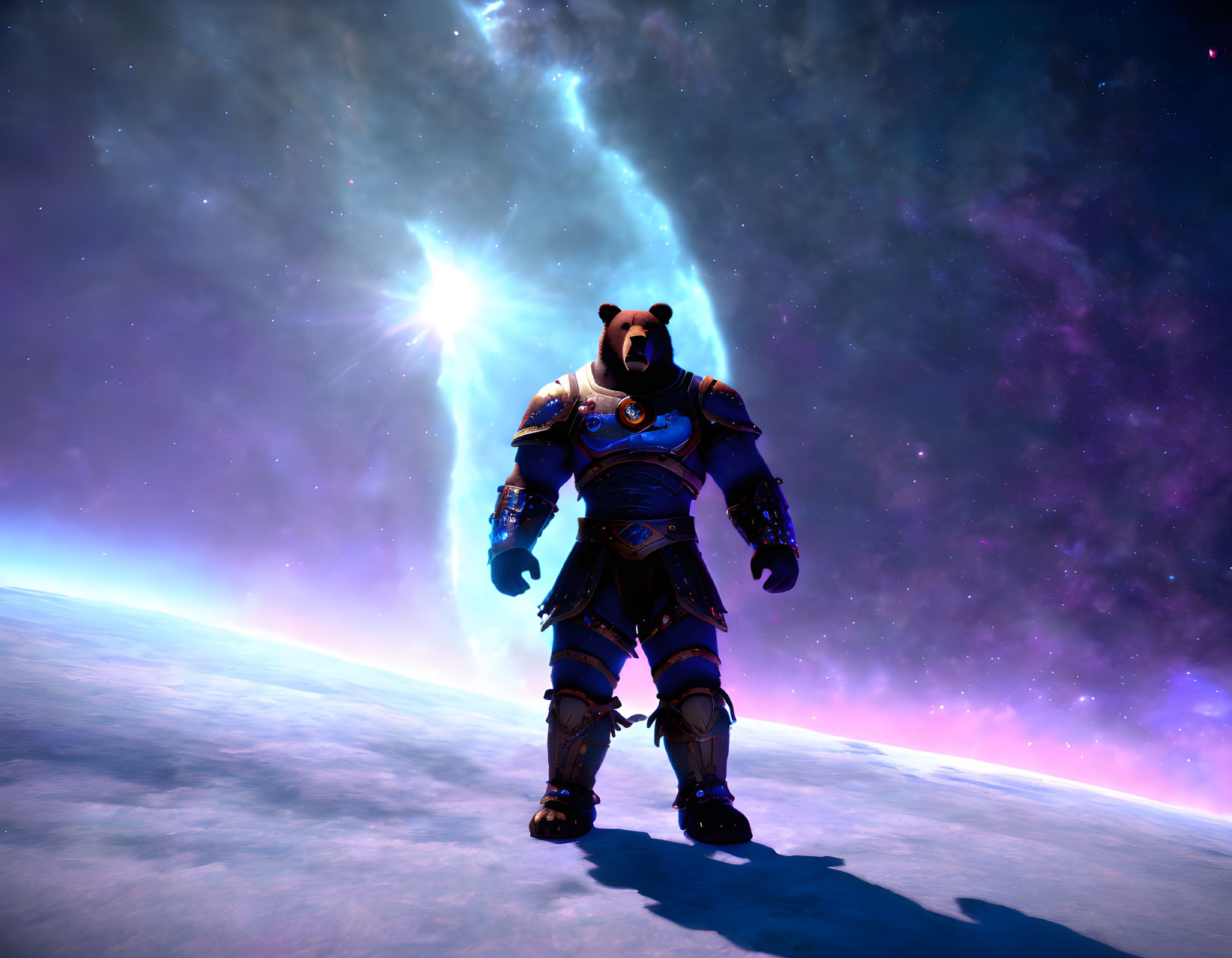 Cosmic Nebula Background with Character in Heavy Armor