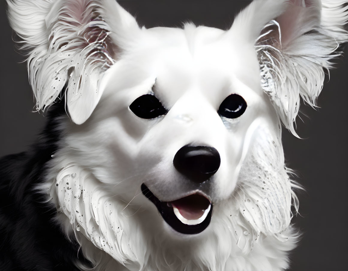 Fluffy white and black dog with dark eyes and open mouth