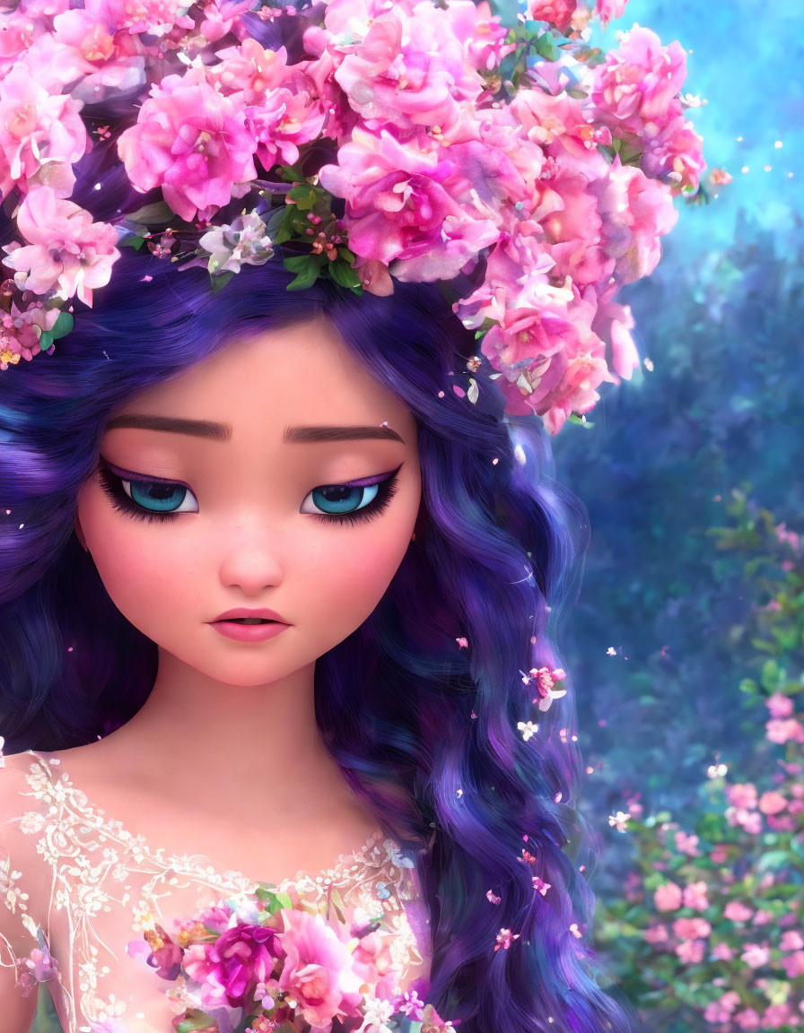 Purple-haired animated girl with pink flower crown on floral background