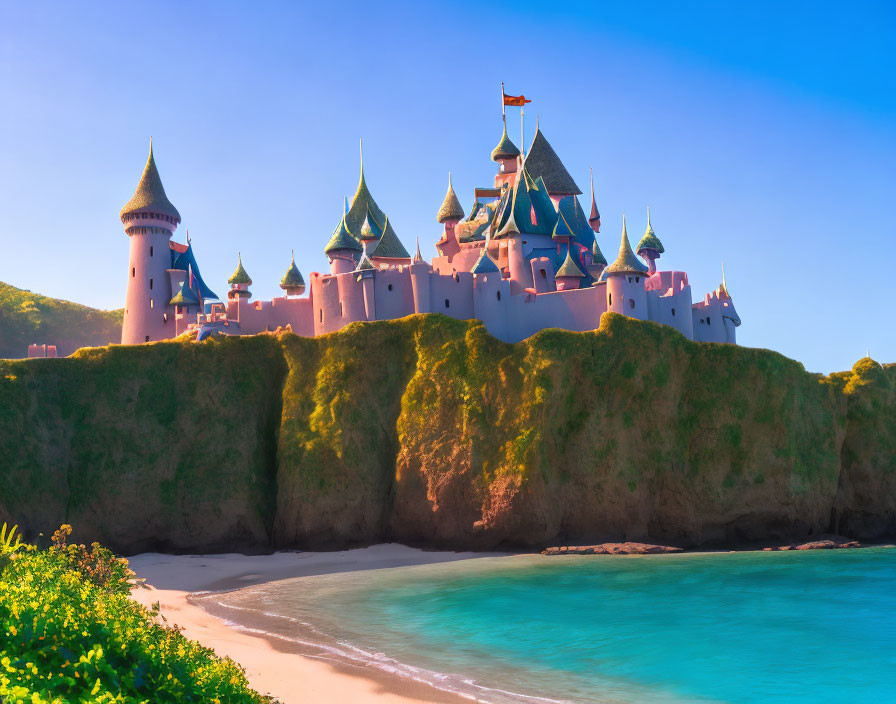 Colorful Fairytale Castle on Seaside Cliff with Serene Beach View