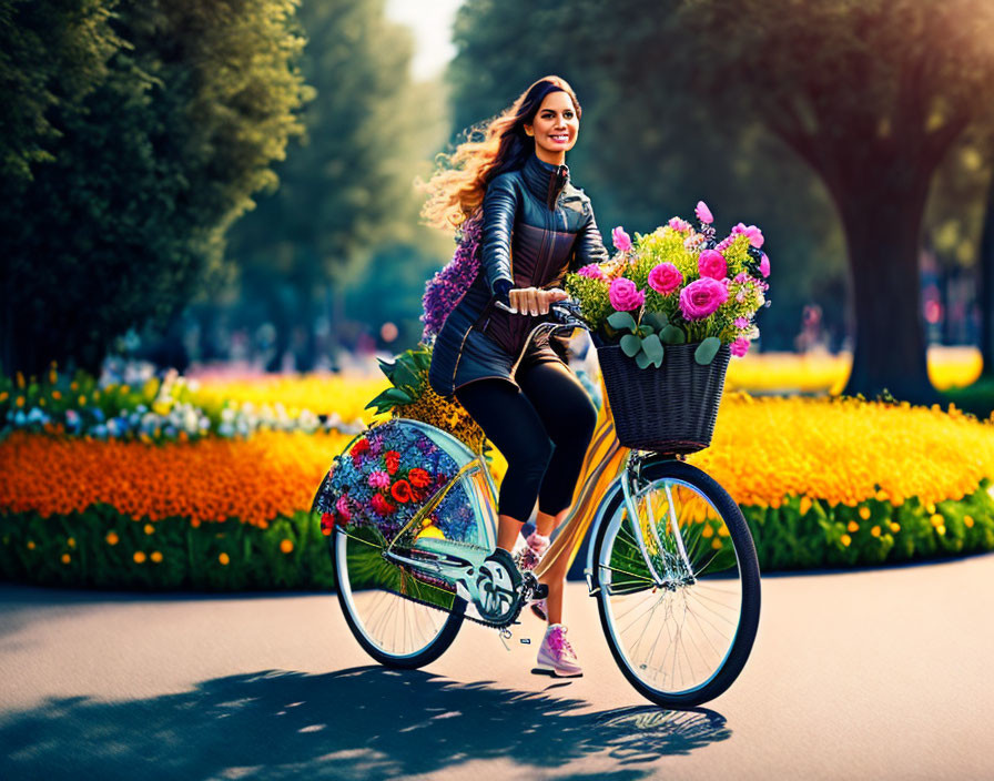 Woman riding bike with flower-filled basket in sunny park surrounded by vibrant flowerbeds