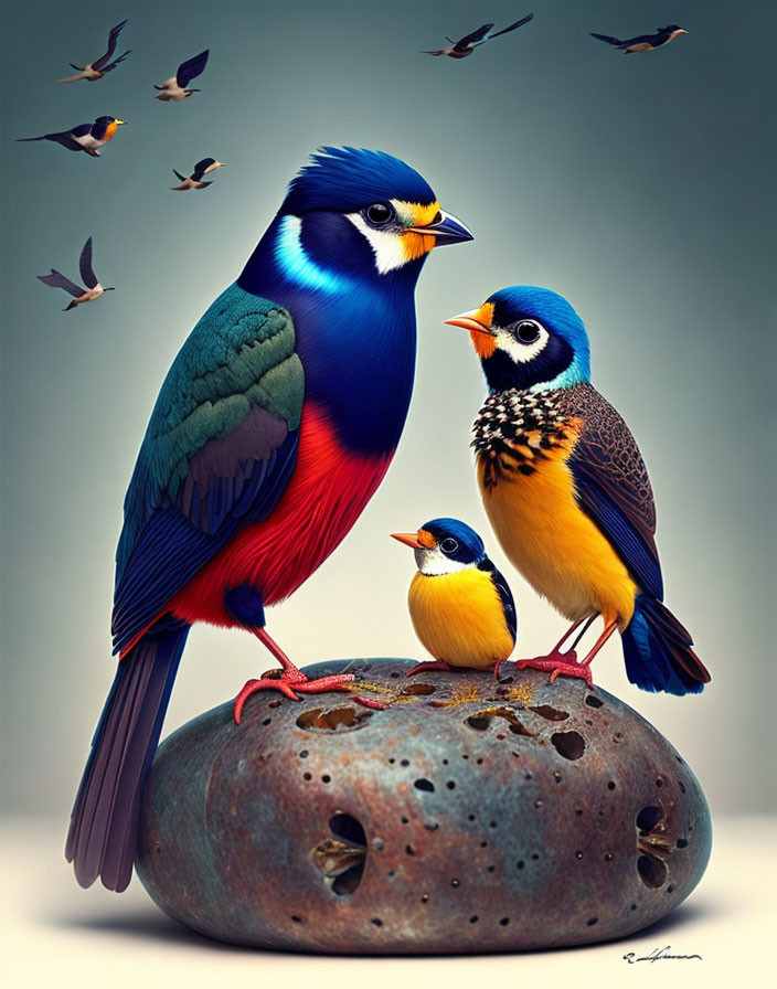 Colorful Stylized Birds Perched on Rock with Flying Birds - Neutral Background