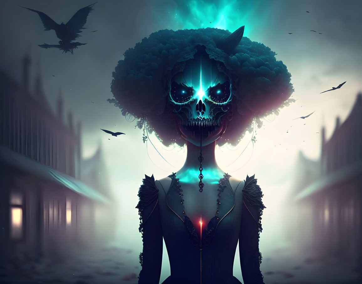 Surreal portrait of figure with skull-face and blue eyes against gothic backdrop