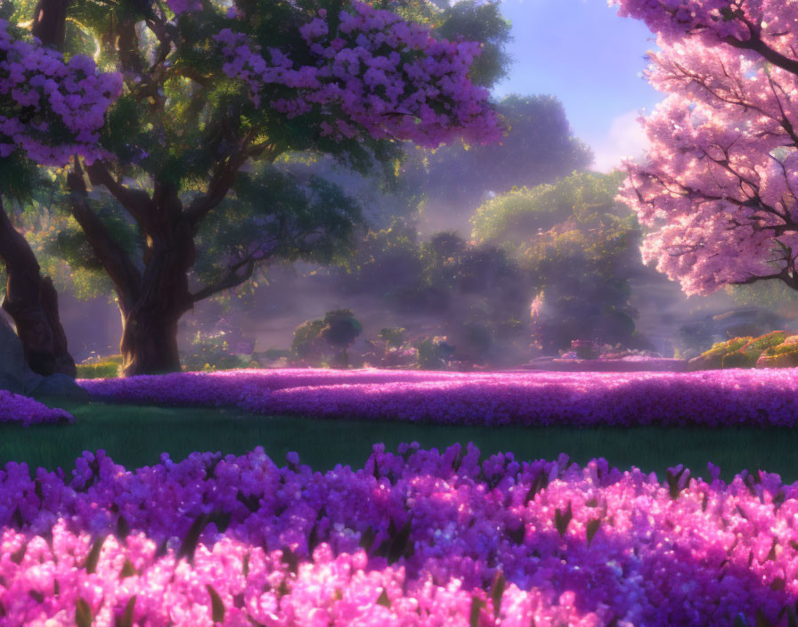 Vibrant pink and purple flowers in mystical garden with cherry blossoms