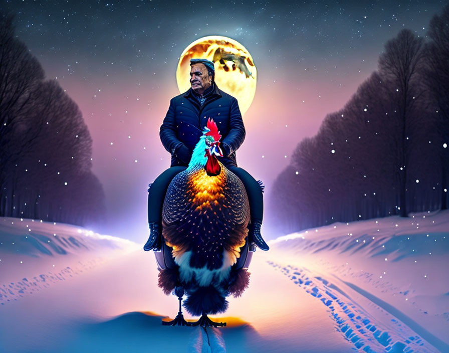 Confident person riding rooster in surreal winter scene