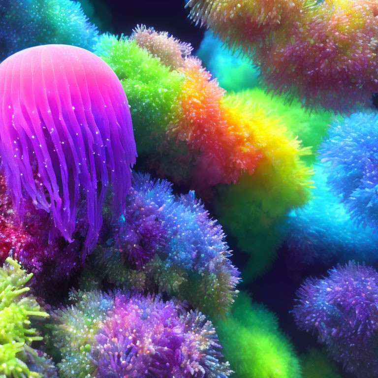 Colorful Underwater Scene with Neon Pink Jellyfish and Illuminated Coral Structures