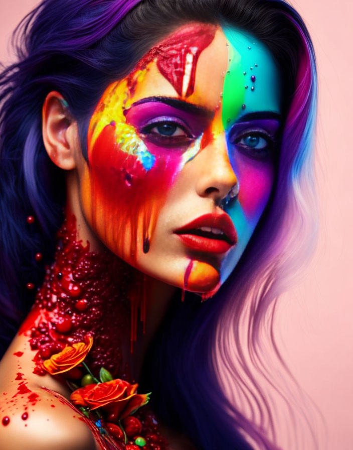 Vibrant multicolored face paint on woman against pink background