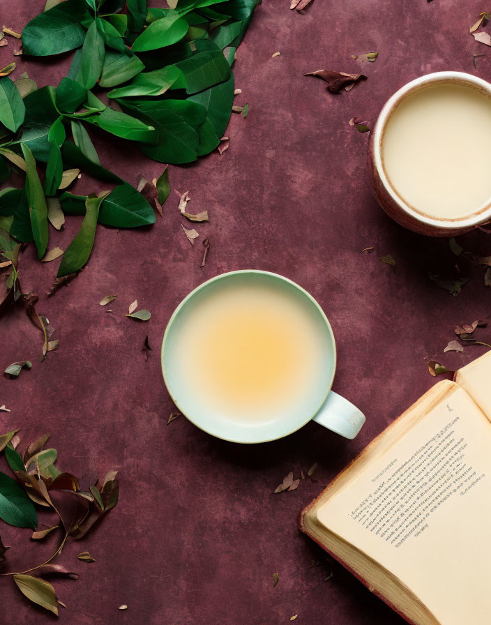 Tea cup, leaves, open book, and bowl on burgundy surface