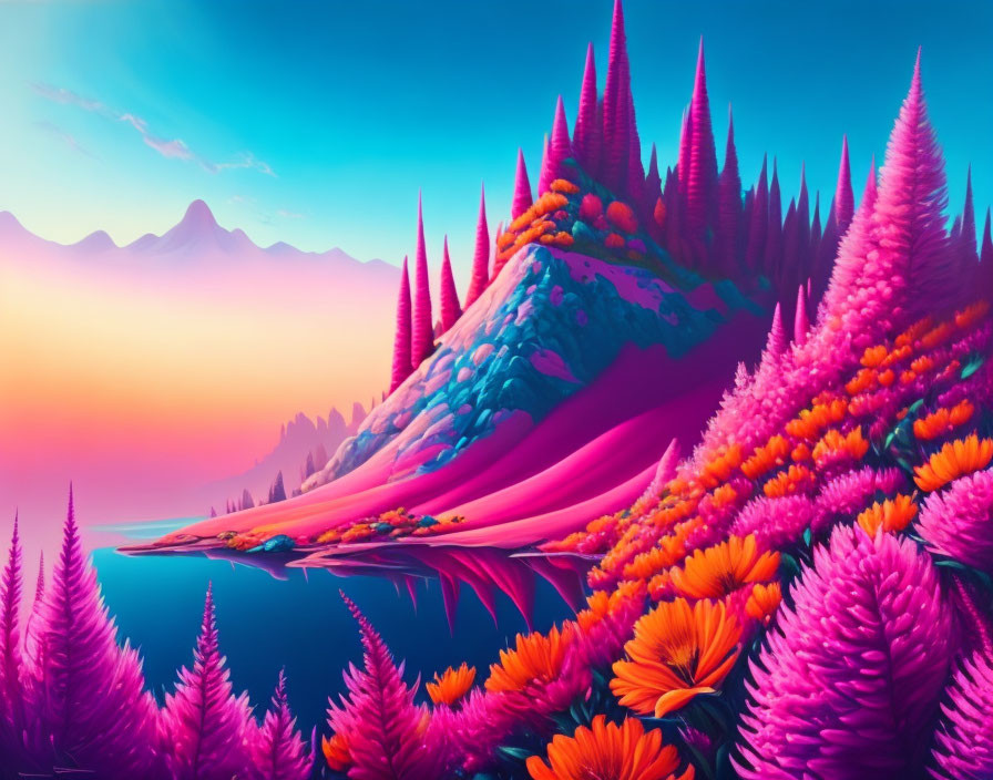 Vibrant digital artwork of surreal landscape with pink and purple flora