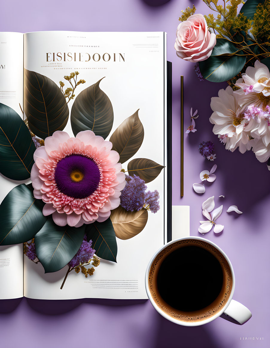 Magazine with floral designs, flowers, leaves, pencil, and coffee on white surface