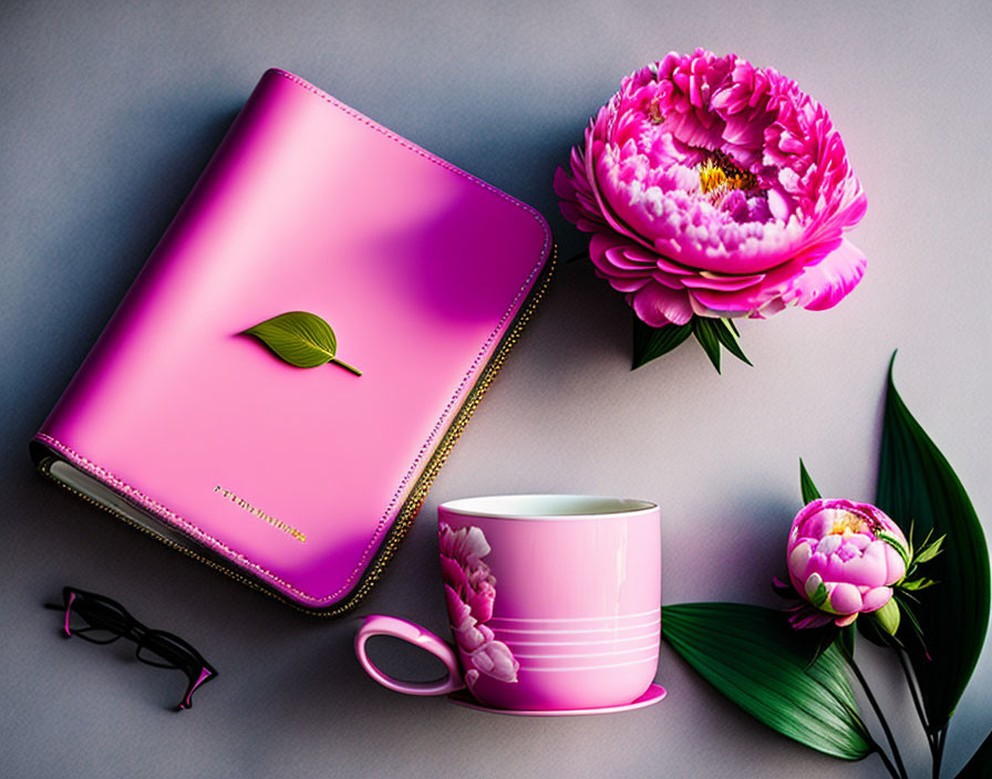 Pink planner, green leaf, floral mug, sunglasses, and peonies on gray background