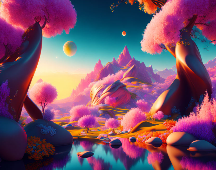 Fantasy landscape digital artwork with pink flora, mountains, waters, and celestial bodies