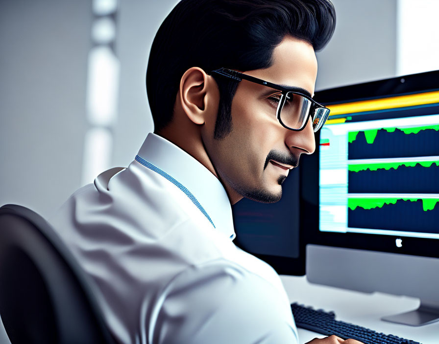 Man in white shirt and glasses analyzing financial charts on computer screen in modern office.