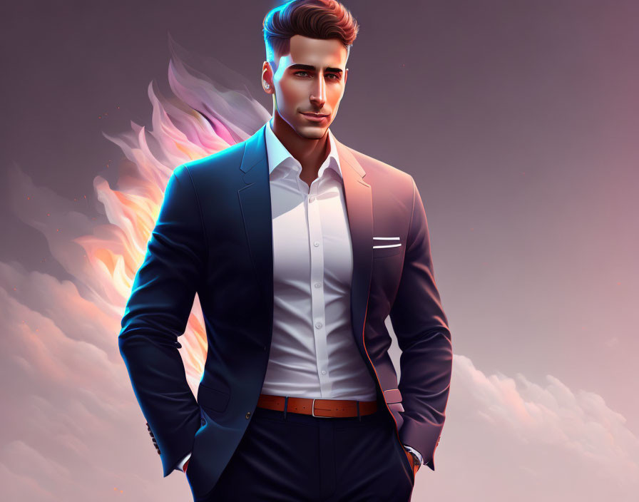 Stylish man in blue suit with flaming wings on gradient background